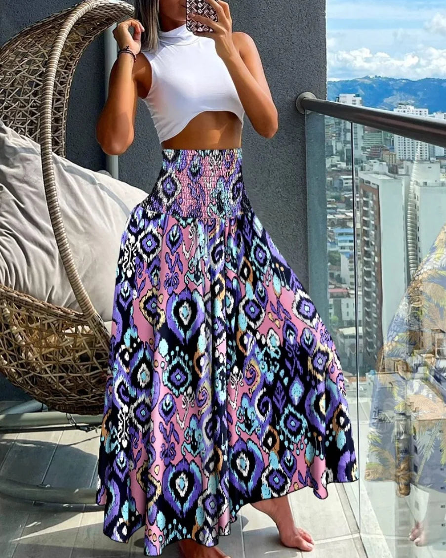 Fashion Cotton Women Floral Print Skirt Side Tie Beach Skirts Summer High Waist Wrap Flower Long Skirt Ürün ana görseli