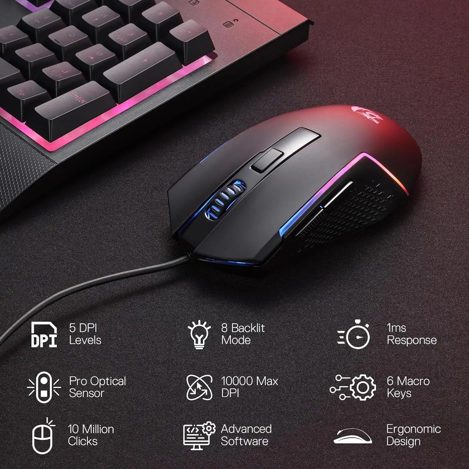 Redragon S151 Gaming Keyboard & Mouse Combo, 104 Keys K525 Wired RGB Membrane Keyboard and 10000 DPI Wired M616 Gaming Mouse Ürün ikincil görseli