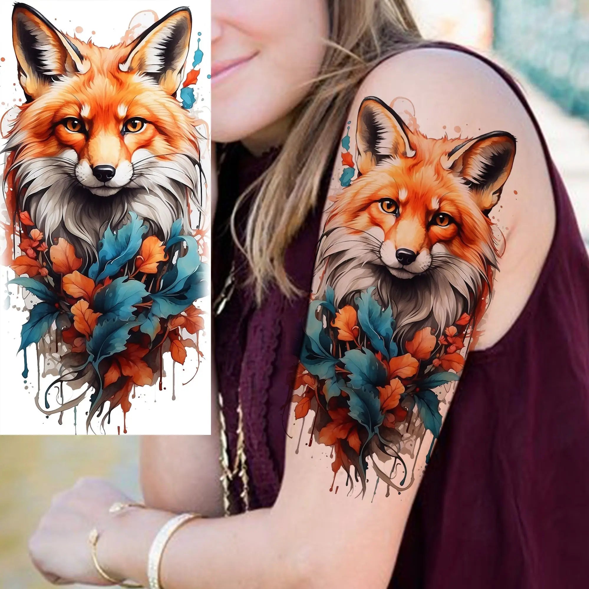 1 Sheet Unique Watercolr Lion Tiger Animals Temporary Tattoos Long Lasting Waterproof Fox Owl Fake Tattoo Sticker Body Art Tatoo