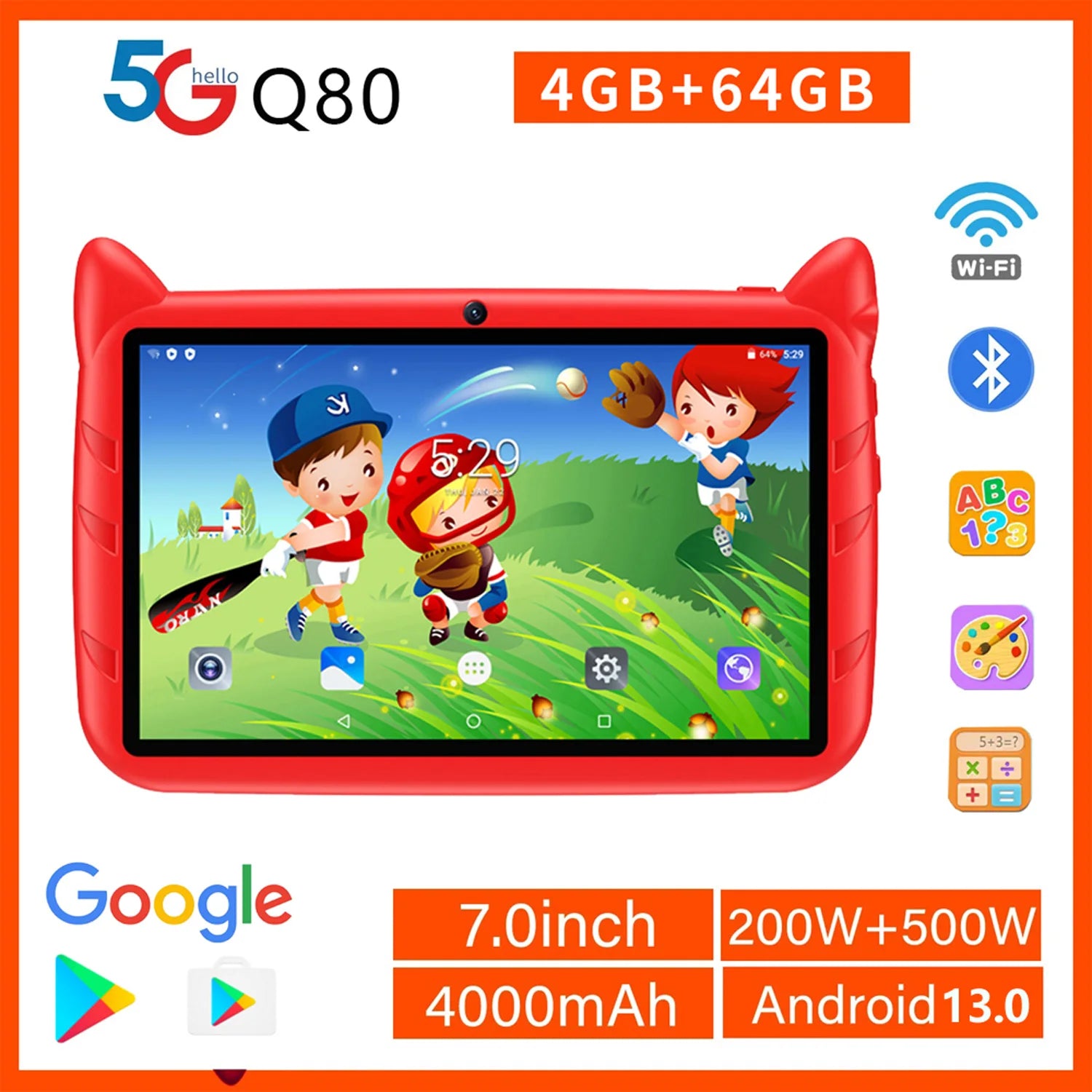 New 7 Inch 5G WiFi Kids' tablets Quad Core 4GB RAM 64GB ROM Dual Cameras Android 13.0 Learning Education Tablet PC 4000mAh Ürün ana görseli