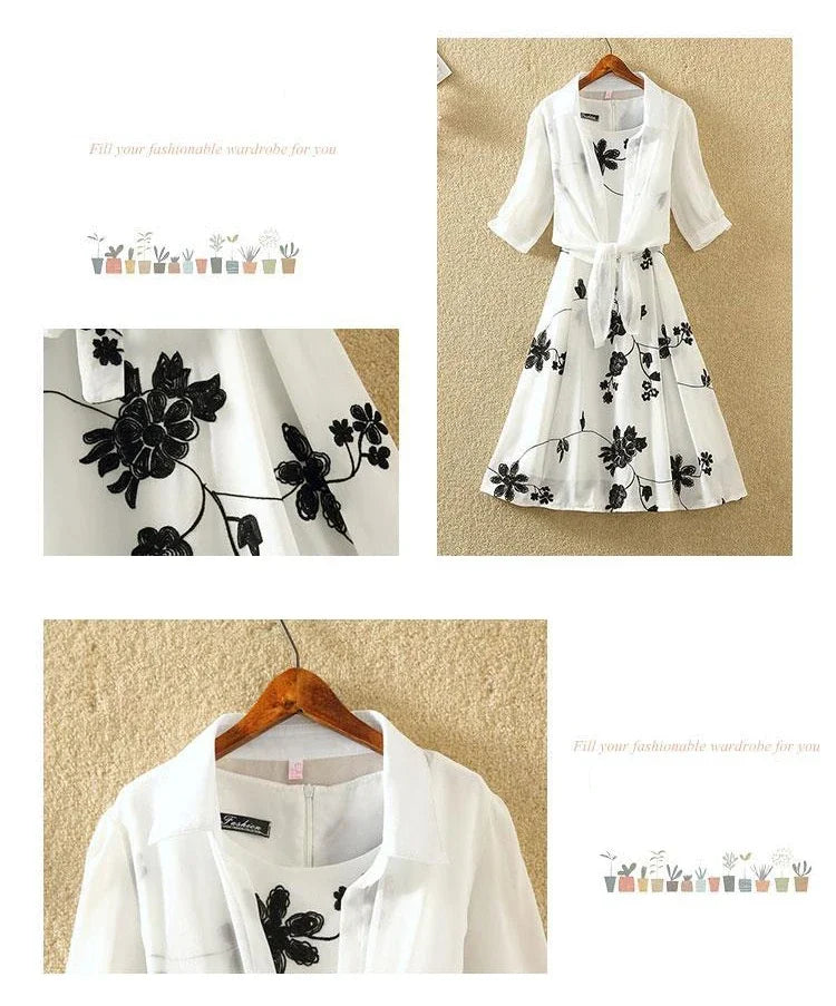 Elegant New Suit High Waist Sleeveless Slim A-line Skirt Floral Two-piece Dress Embroidery White Top Bow Belt Vintage Women