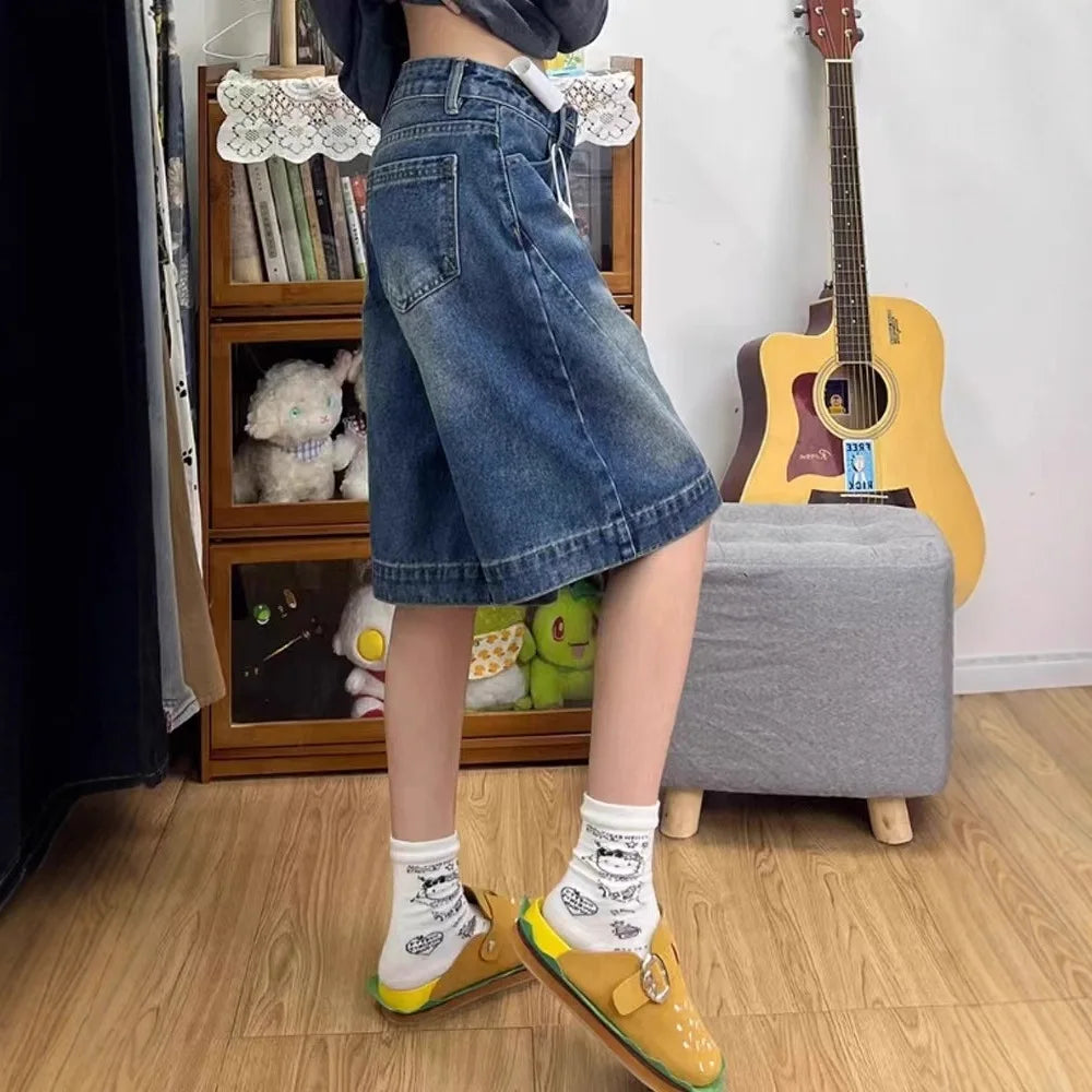 Spicy Girl Retro American Five-Point Denim Shorts Women Summer New Loose Design Slim Straight Leg Wide Leg Medium Pants Ürün ana görseli