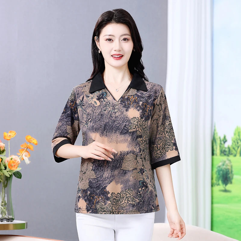 Summer half sleeve Shirt Fashion Commute All-match Ice Silk Printed Button Loose Women's Blouses Top