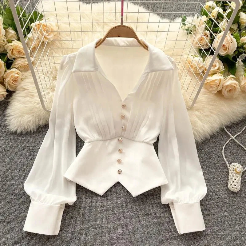 White Casual Polo-Neck Pullover Buttons Puff Sleeve Straight Women's Blouse Short Shirt Female Clothing Tops 2024 Fashion Main image