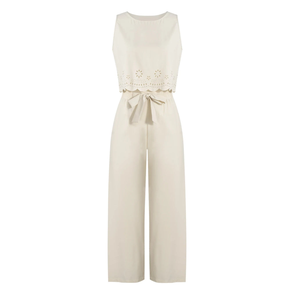 Women's Beige 2-Piece Set Sleeveless Crop Top And Wide Leg Pants Spring Summer Casual Commuting Vacation Outfit