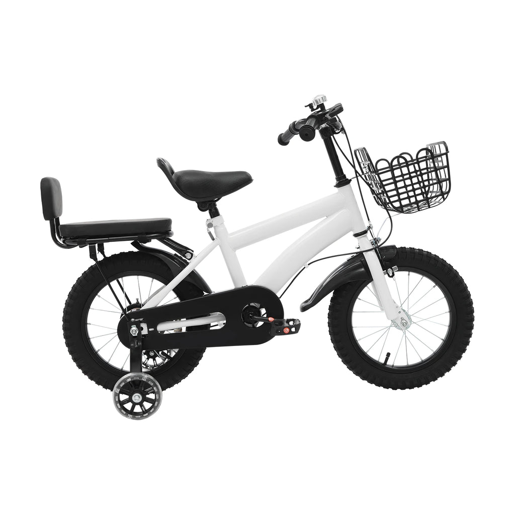 14" Kids Bike Adjustable Children's Bicycle Load 60kg w/Training Wheels+Basket+Backrest Rear Seat for 3-7 Year Old (White/Black)