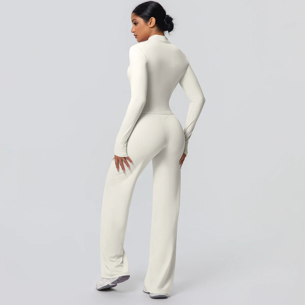 2pieces Quick Drying Sports Fitness Clothing Yoga Set Women Yoga Zipper Long Dleeves High Waisted Breathable Wide Leg Pants Set