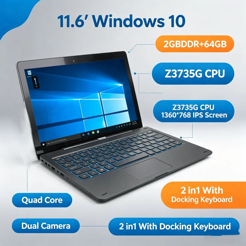 11.6'' Windows 10 Tablet PC 2GBDDR+64GB  Z3735G CPU 1366*768 IPS Screen Quad Core G12 Dual Camera 2 in1 With Docking Keyboard Main image