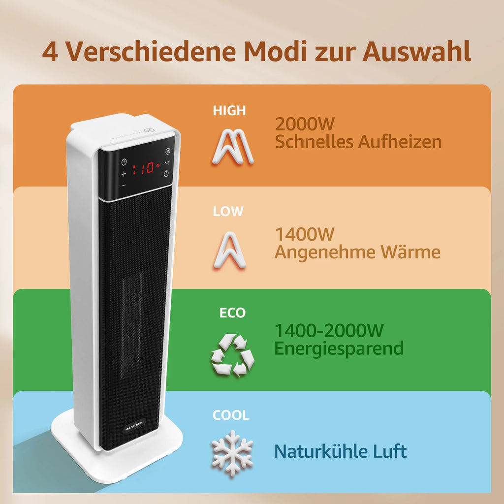 Aigostar Energy-Saving Fan Heater with Thermostat, 2000W PTC Ceramic Fan Heater with Remote Control, 70° Oscillation, 4 Modes