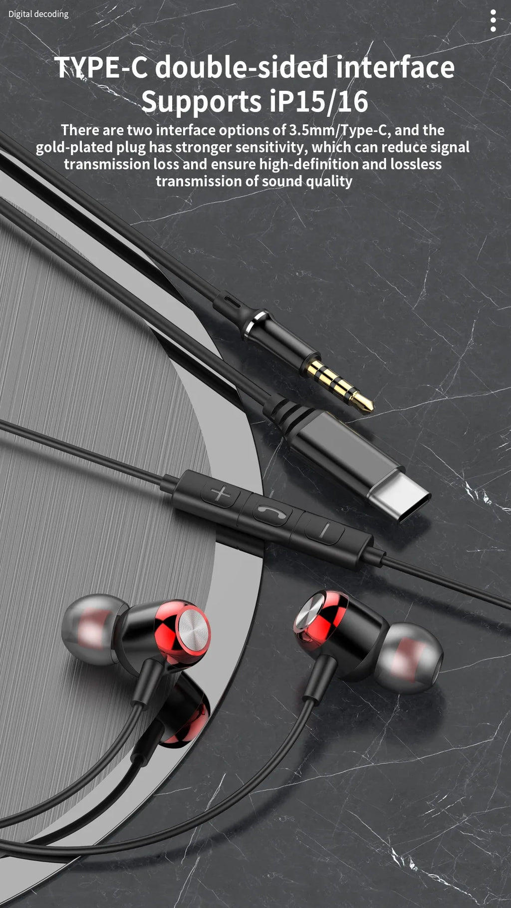 EARDECO TypeC/3.5mm Wired Headphones with Mic Volume Control Music Headset with Bass Phone Earphones for Samsung Huawei Xiaomi