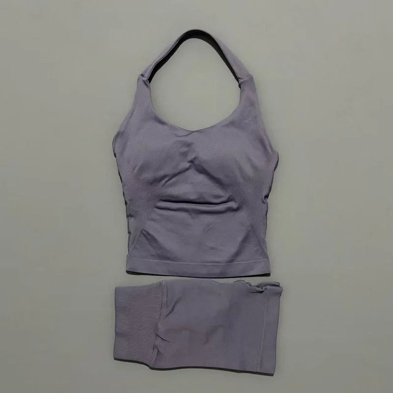 2pcs Sports Set Women Backless Tank Tops High Waist Scrunch Seamless Shorts Fitness Clothes Activewear Workout Sets Gym Suit