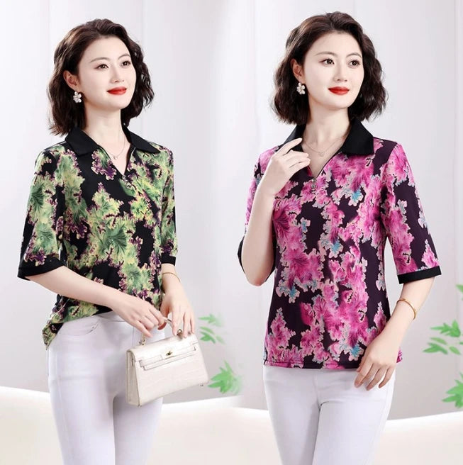 Summer half sleeve Shirt Fashion Commute All-match Ice Silk Printed Button Loose Women's Blouses Top