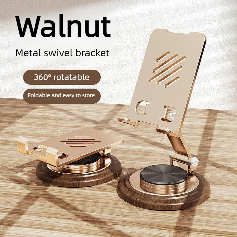 Black Walnut Wood Base Phone Holder Metal Stand 720° Rotating Foldable Desktop Stand Easy Storage for Mobile Phone Tablet Holder Ürün ana görseli