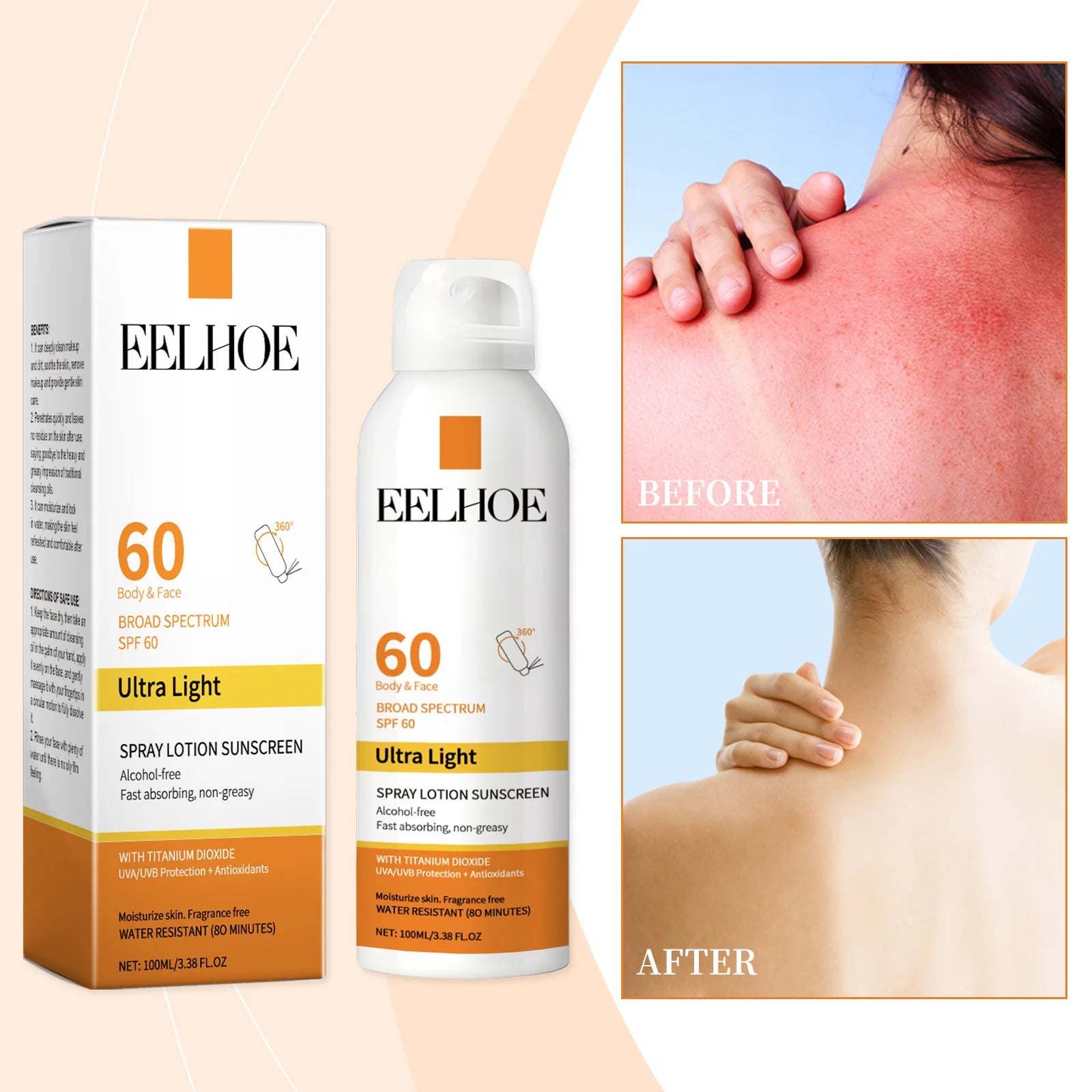 EELHOE Sun Protection Face Spray, Hydrating Moisturizer with UV Filter Lightweight Daily SPF60 Mist for Sensitive Skin Oil-Free