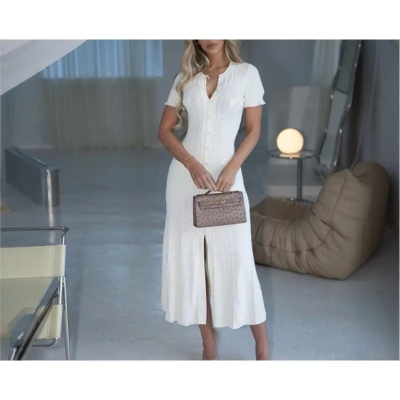 Summer Solid Round Neck Short Sleeved Office Lady Knitted Dress Women Korean Single Breasted Hollow Out Long Dress Fashion Trend