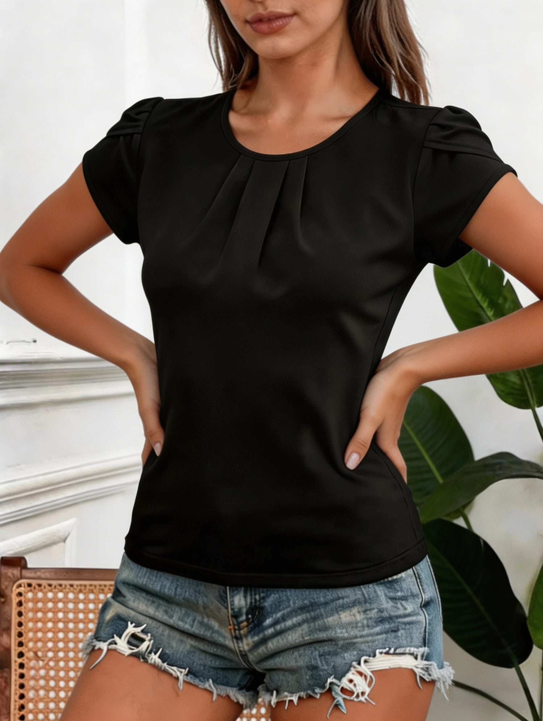 Women Chiffon Blouse Black Round Neck Pleated Puff Sleeve Top Loose Fit Casual Chic Shirts Tops Spring Summer Office Daily Wear