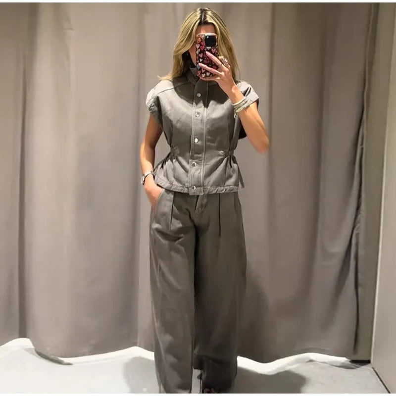 Denim Vest Loose Long Pants Woman Set High Neck Single Breasted Waist Cinched Tops High Waist Trousers Chic Casual Lady New Sets