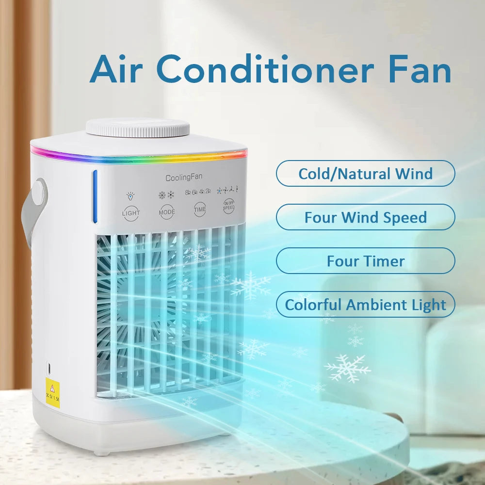 Portable Air Conditioner with Colorful Atmosphere Light Water Cooling Fan USB Table Fan 700ml Water Tank Desktop Fan Humidifier Ürün ana görseli