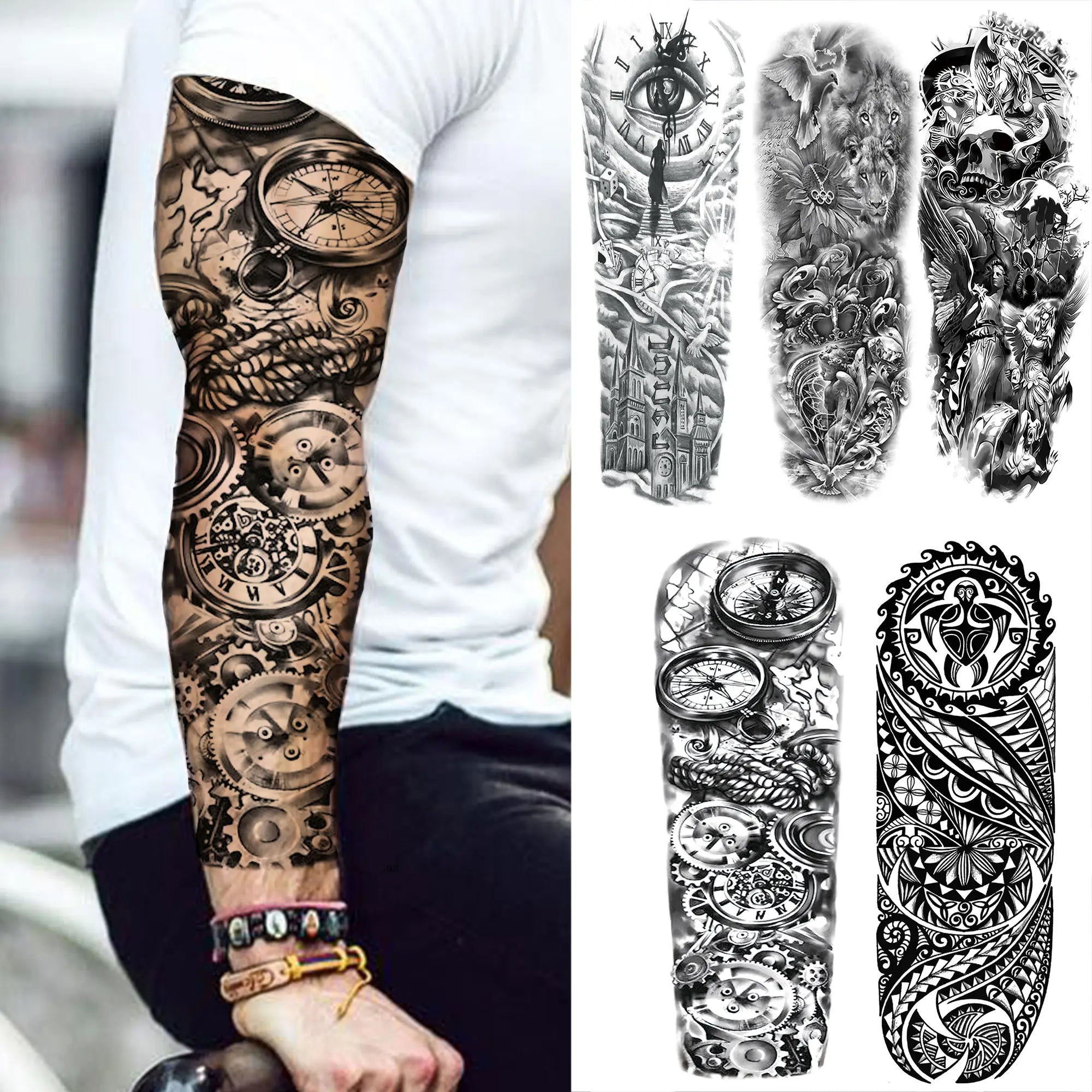 Compass Robot Arm Temporary Tattoos Sleeve For Men Women Realistic Fake Skull Angel Full Arm Tatoos Maori Totem Tattoo Sticker Ürün ana görseli
