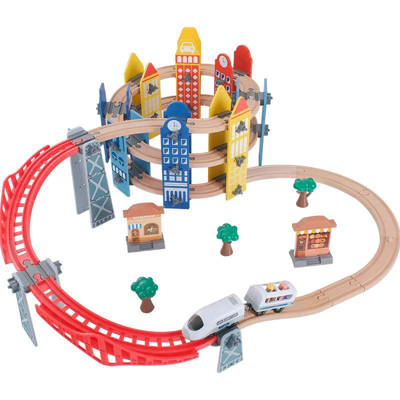 new Wooden Railway Track Set Electric Train Magnetic Car Diecast Slot Fit All Brand Biro Wood Track Assemble Toy Boy Gift Ürün ana görseli