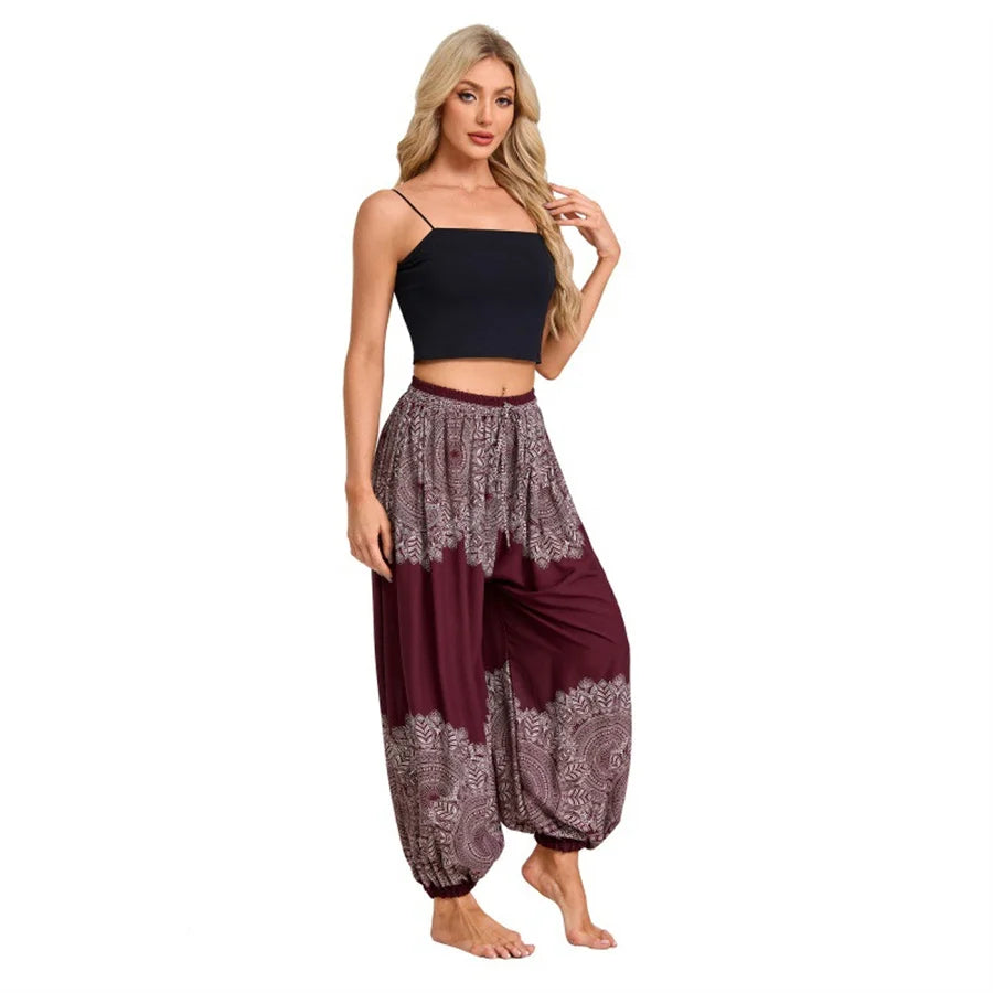 Women's Boho Wide Leg Harem Pants Adult High Waist Yoga Loose Lantern Pants Breathable Beach Trousers Vacation Printed Jagger