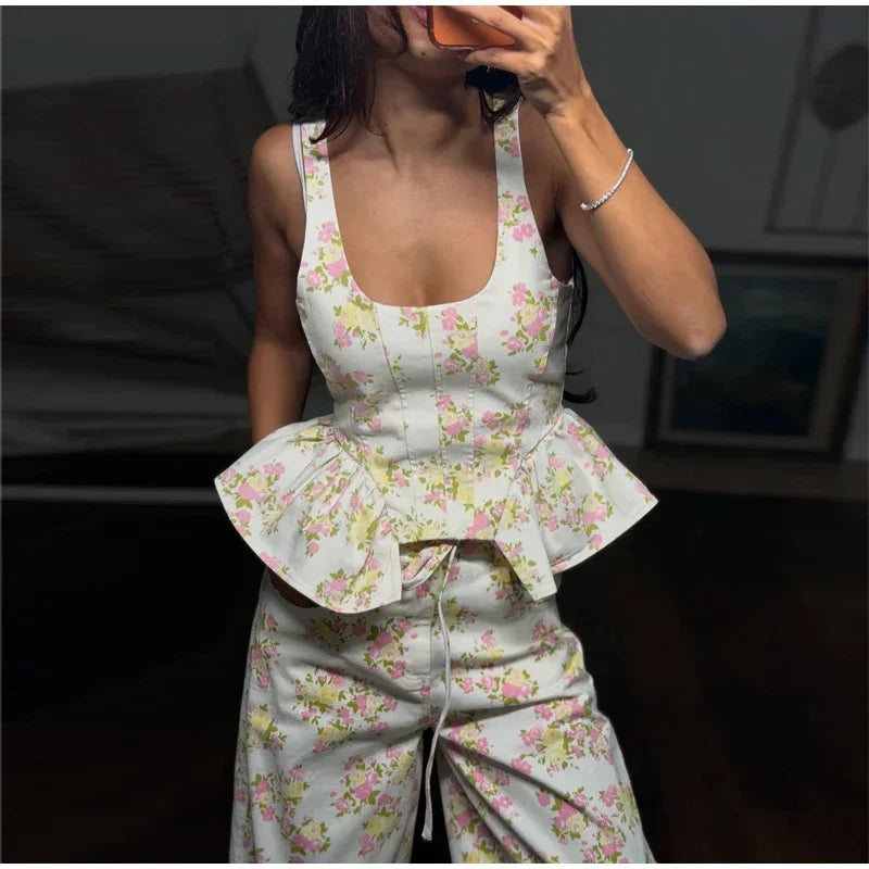 Elegant Floral Print Set Women Square Neck Sleeveless Ruffle Top Lace Up Floor Length Wide Leg Pants Sets Lady Casual Outfits