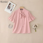 2026 ZANZEA Elegant Summer Blouse Women Stand Neck Short Sleeve Tops Stylish Solid OL Work Shirt Casual Lace-Up Holiday Tunic