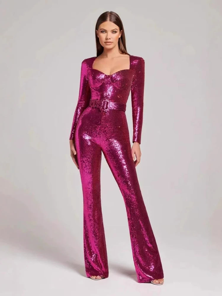 Jumpsuits Women Sequin One Piece Floor Length Pant Overalls Full Sleeve Bodycon Party Night Rompers Splice High Waist Belt Ürün ana görseli