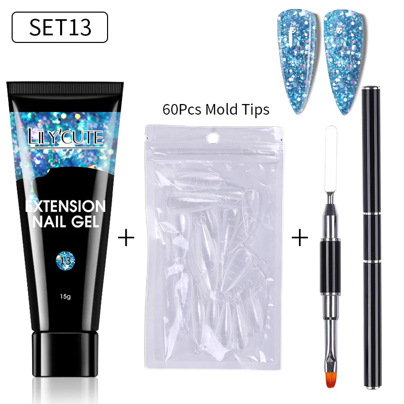 LILYCUTE 15ml Extension Gel Nail Polish Set Quick Nail Prolong With Extend Mold Nail Tips Acrylic Solution Manicure Tools Kit