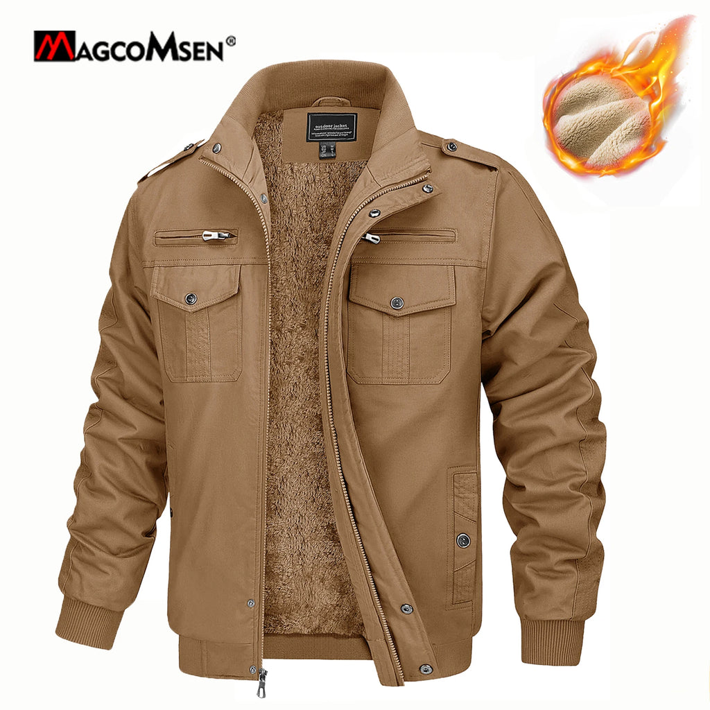 MAGCOMSEN Men's Fleece Jackets Windbreaker Coats Fall Winter Thermal Bomber Jackets Multi-pockets Stand Collar Motorcycle Jacket