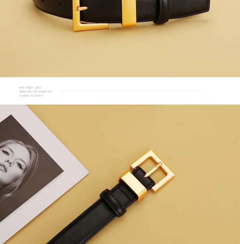 Ladies leather belt; cowhide versatile decoration for suit waist belt; retro simple high-end black ins style denim belt.