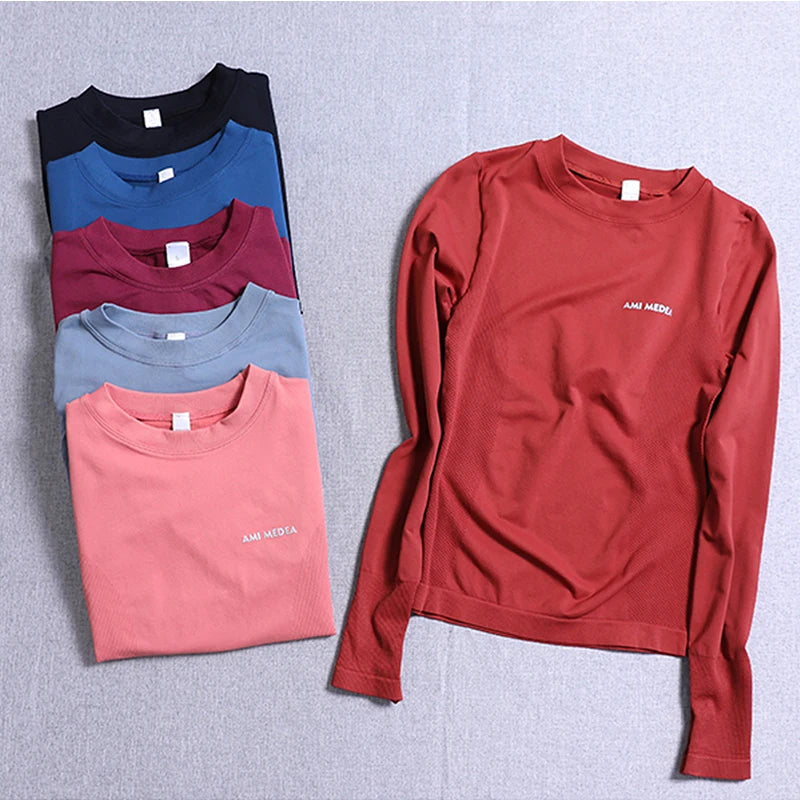 Women's Seamless Long Sleeve Fitness T-shirt Sports Elastic Yoga Gym Top Training Running Activewear Workout Shirt Pilates Tops