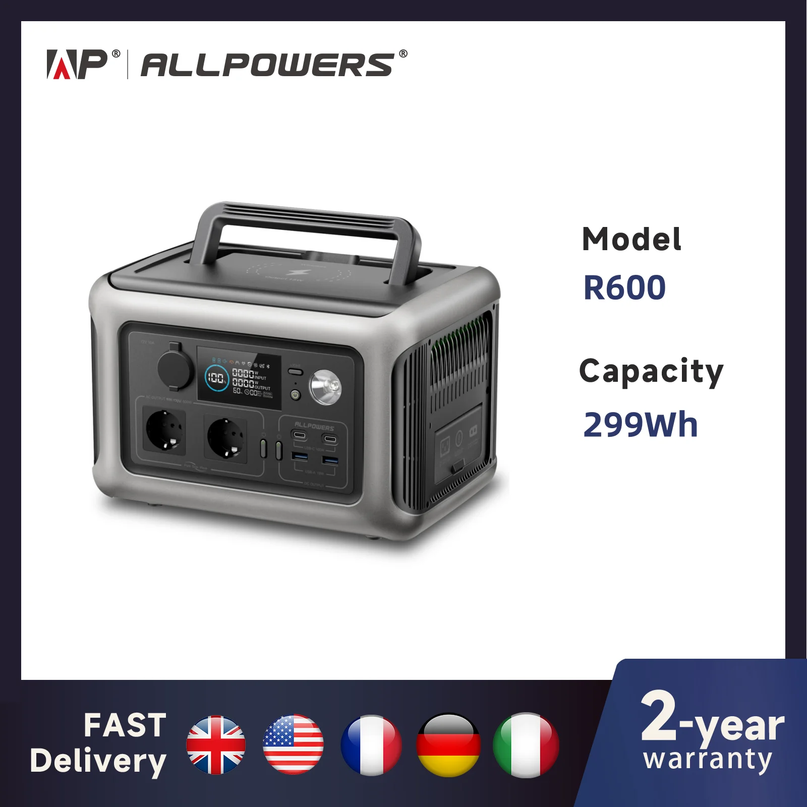 ALLPOWERS Portable Power Station R600, 299Wh LiFeP04 Battery with 2x 600W (1200W Surge) AC Outlets for Outdoor Camping RV Home Ürün ana görseli