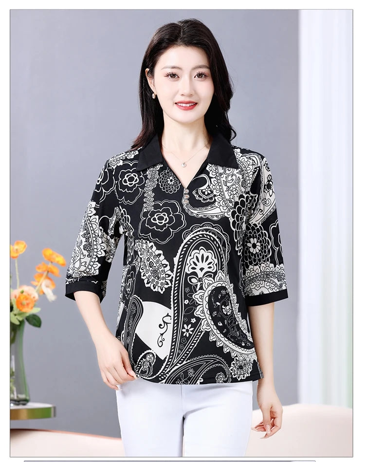 Summer half sleeve Shirt Fashion Commute All-match Ice Silk Printed Button Loose Women's Blouses Top