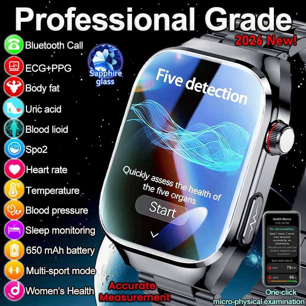 2026 New Nursing Grade Uric acid Blood lipids Smart Watch Men ECG+PPG Blood Pressure Heart Rate Bluetooth Call Health Smartwatch Main image