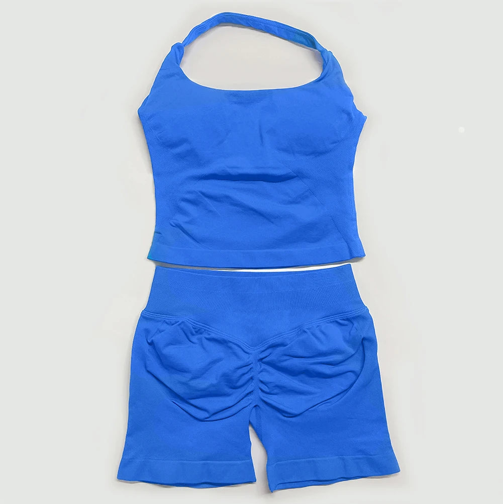 yoga outfits Women 2 pcs Sports DFNNYE Impact Set halterneck Backless Halter Top Seamless Scrunch Shorts Gym Workout Sports Suit