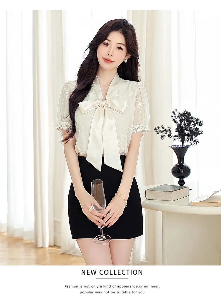 Blouses Shirts Women Blouse Shirt New Summer Bow Collar Embroidery Blouse Shirt Women Tops Short Sleeve Blusas Para Mujer Q4102
