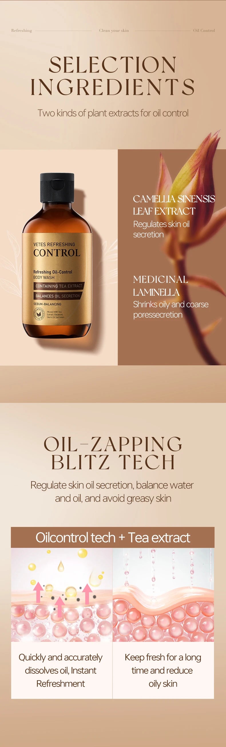 VETES 260ml Body Wash Tea Fragrance Shower Gel Oil Control Deeply Cleanses Keep Fragrance Take a Bath Balance Water and Oil