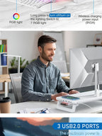 RGB Light Effect Rechargeable Desktop Monitor Height Stand 3 USB 2.0 Port Universal Laptop Storage Rack With Wireless Charging