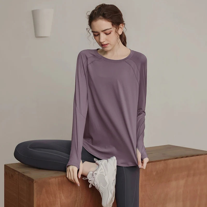 Loose, quick-drying sport tops, women's long-sleeved T-shirts, yoga wear, breathable running and fitness wear, slimming