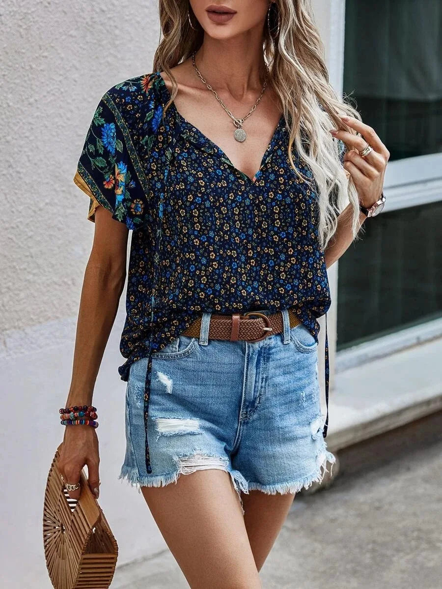 Summer Floral Print Blouses For Women Fashion V Neck Short Sleeve Boho Beach Casual Tops Female Elegant Shirt New Womenes