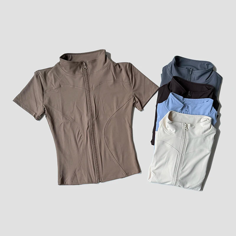Slim Fit Short Sleeve Yoga Shirt Women's Stand Collar Zipper Jacket High End Running Sport Fitness Top Ürün ana görseli