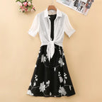 Elegant New Suit High Waist Sleeveless Slim A-line Skirt Floral Two-piece Dress Embroidery White Top Bow Belt Vintage Women