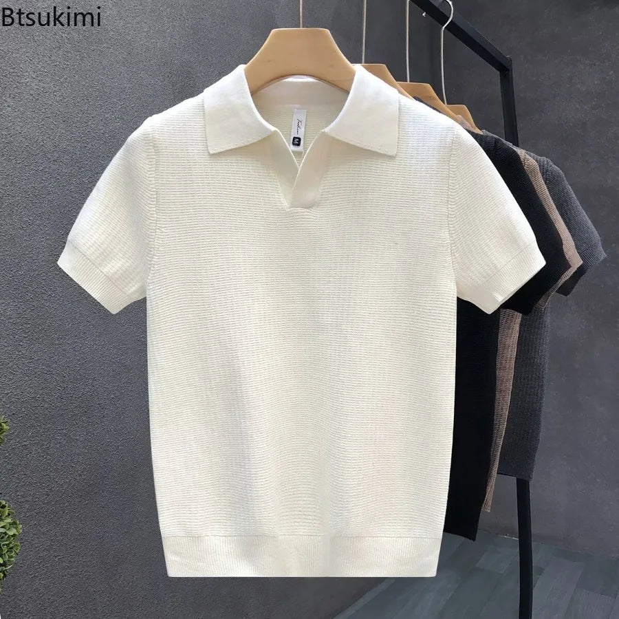 2026 Men's Summer Polo Shirt Korean Style Slim Wrinkle Resistant Collar Solid Color T-Shirts Casual Thin Sleeve Trendy Knit Tops Ürün ana görseli