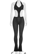 Beyprern Sexy Black Crochet Cut Out Jumpsuit Women Halter Backless See Through One Piece Romper High Waist Skinny Clubwear
