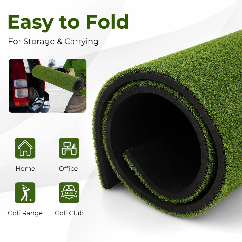 Golf Hitting Mat, 5 ft x 3 ft Artificial Turf Golf Practice Mat w/ 2 Golf Rubber Tees & 2 Alignment Sticks, Portable Golf