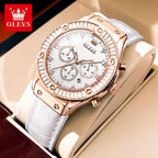 OLEVS 9978 Womens Watch Multifunctional Quartz Watch Waterproof Luminous Leather Strap Elegant Fashion Watches For Woman Gifts