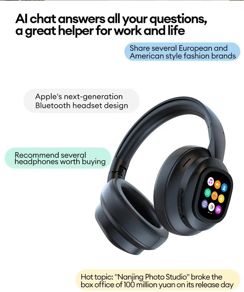 AI LCD Touch Screen Shock Bass Headsets HIFI Sound Wireless Bluetooth Headphones ANC Noise Reduction Gamer Earphones With Mic