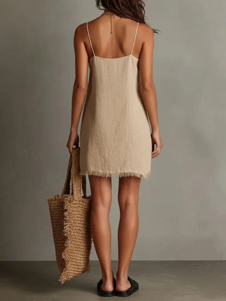 Women's Tassel Cami Tops Mini Dress Fashion V Neck Spaghetti Strap Camisole Asymmetrical Hem Flowy Long Lace Tank Slip Dresses