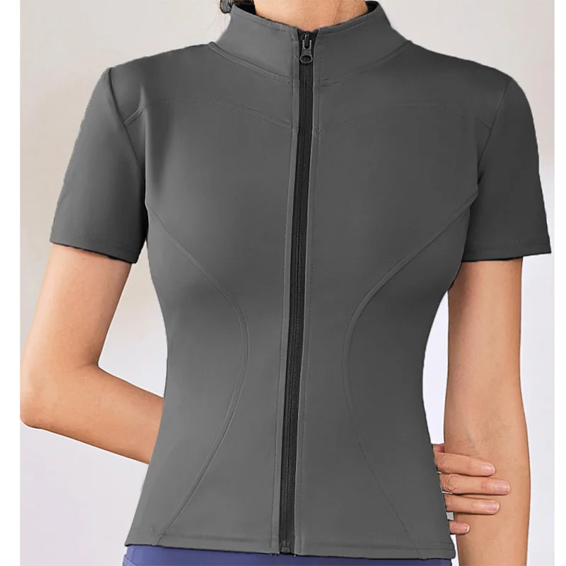 Slim Fit Short Sleeve Yoga Shirt Women's Stand Collar Zipper Jacket High End Running Sport Fitness Top